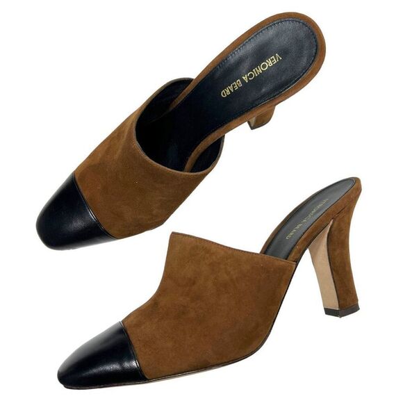 Veronica Beard Carlotta Toe Suede Mules Mixed Media Heel Camel Black Size 9